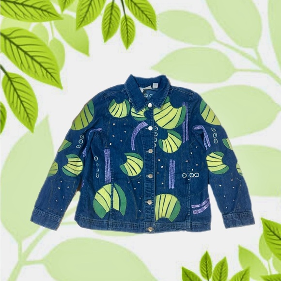 Marsh Landing Jackets & Blazers - Marsh Landing Plant Embroidery Denim Jean Jacket Abstract Leaf Print Lily pad